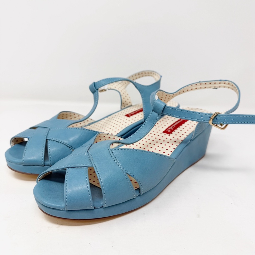 But Another Innocent Tale Blue Wedge Sandals 10 T-Strap Retro Mod Pinup NEW